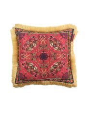 The RAMSHA HOME Home Decorative Cushion With Filler CS-060 features a plush paisley design in red, gold, and black with intricate patterns and gold fringe trim, crafted from high quality fabric and displayed against a white background.