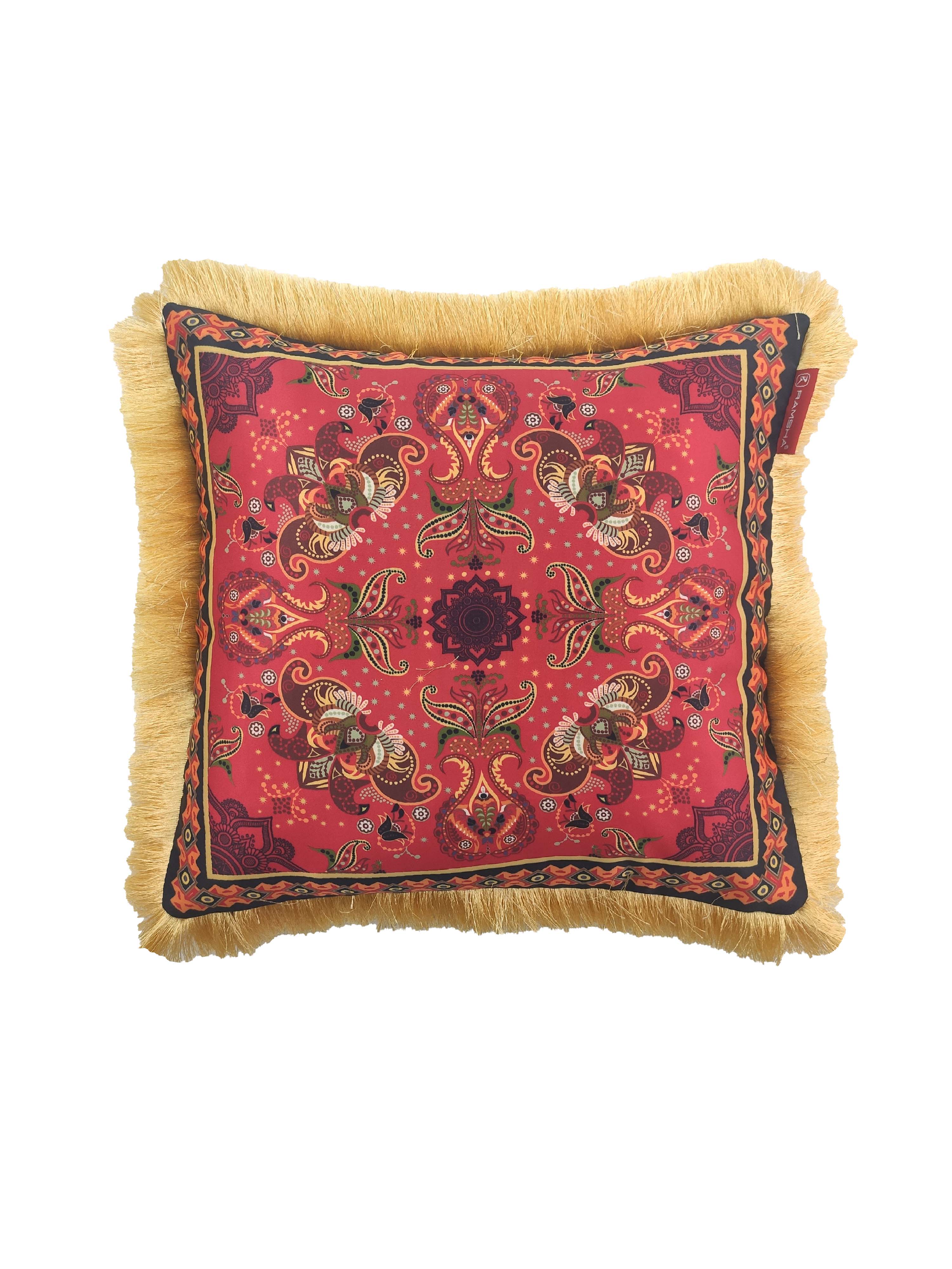The RAMSHA HOME Home Decorative Cushion With Filler CS-060 features a plush paisley design in red, gold, and black with intricate patterns and gold fringe trim, crafted from high quality fabric and displayed against a white background.
