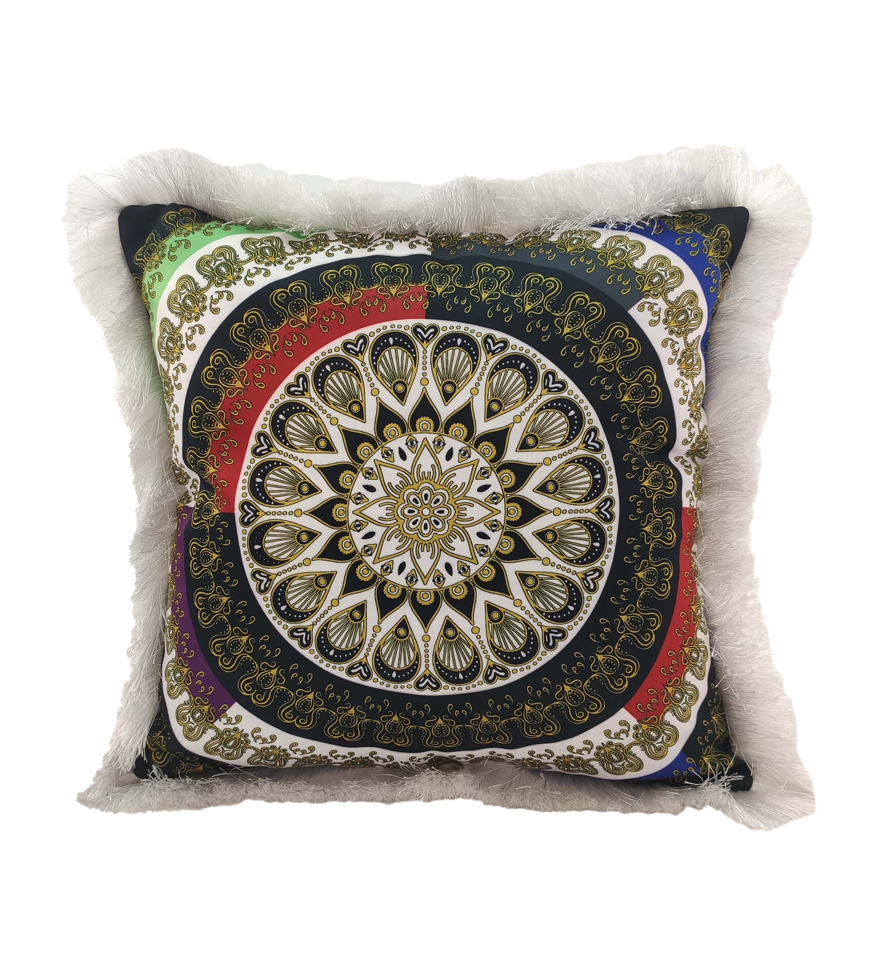 The RAMSHA HOME Printed Cushion With Filler For Home Decor CS-062 features a square shape, white fringe edges, and a vibrant gold, black, red, green, and blue mandala design—perfect for adding ornate style to your living space.