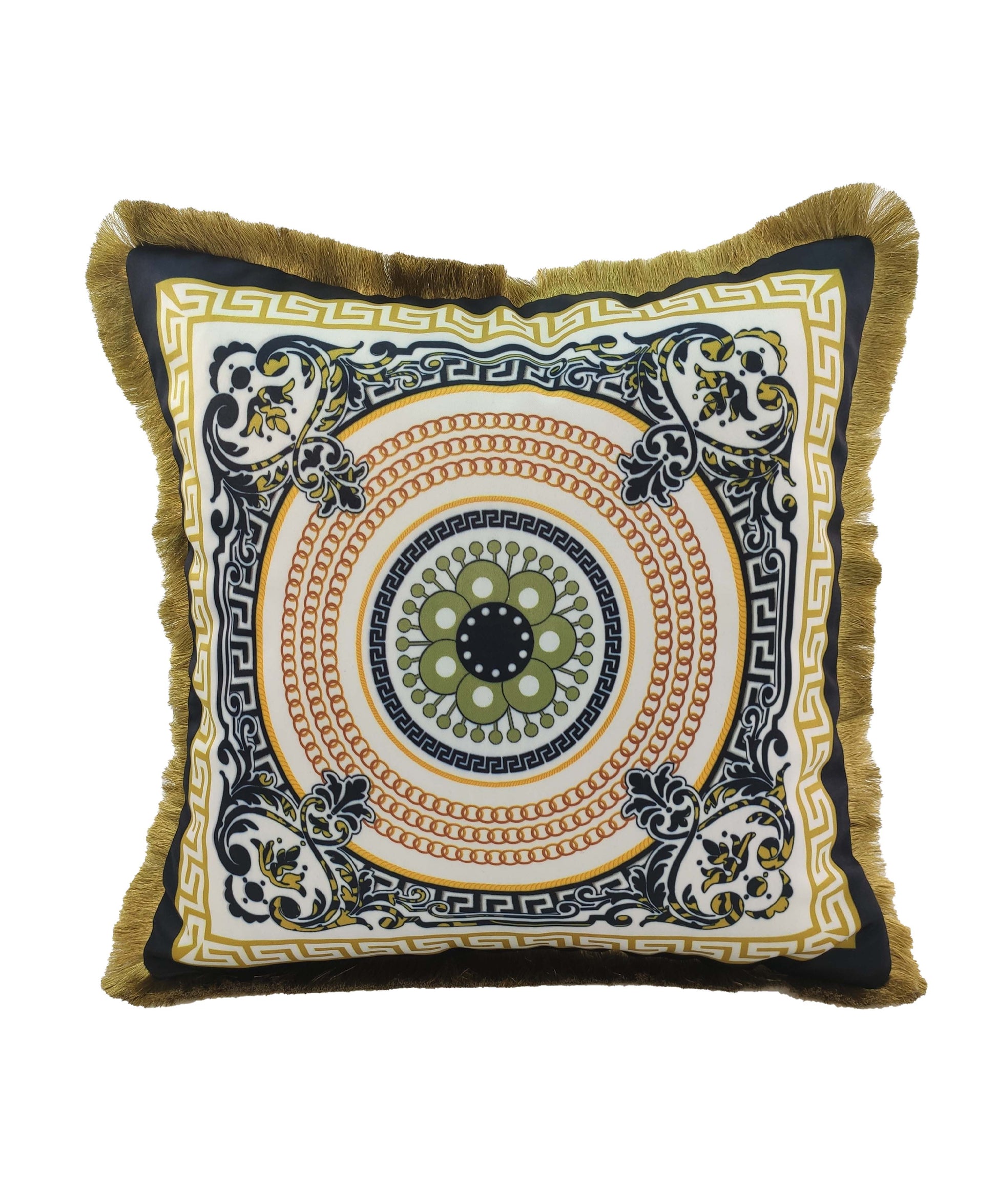 RAMSHA HOME Multi Digital Printed Cushion With Filler CS-066: Square polyester cushion with filler, gold fringe, and an ornate pattern of concentric circles, floral motifs, and Greek key designs in black, gold, green, and white.