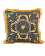 The RAMSHA HOME Polyester Cushion With Filler For Living Room CS-067 features a black and gold ornate baroque-style pattern with symmetrical designs and gold fringe, adding elegance to your décor. Includes filler for comfort.