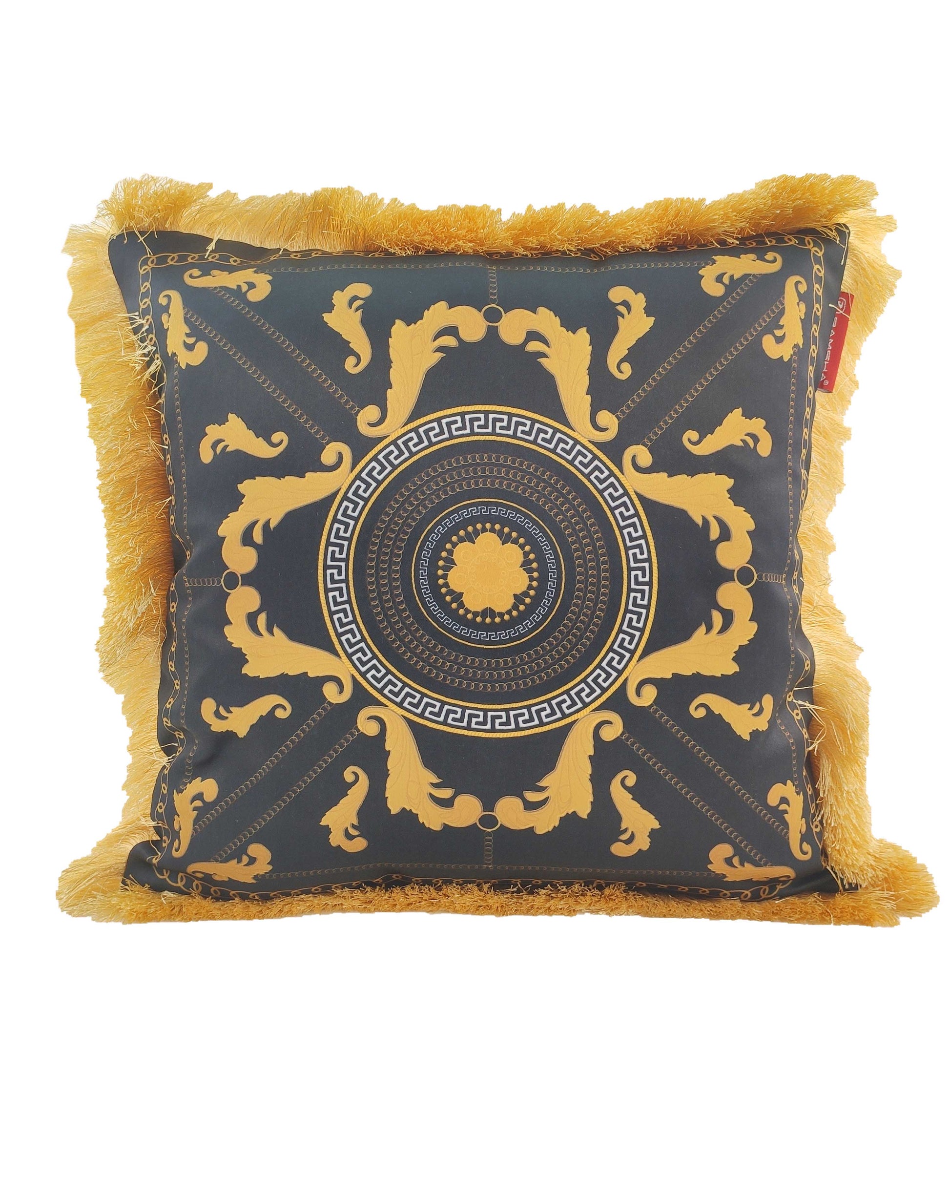 The RAMSHA HOME Polyester Cushion With Filler For Living Room CS-067 features a black and gold ornate baroque-style pattern with symmetrical designs and gold fringe, adding elegance to your décor. Includes filler for comfort.