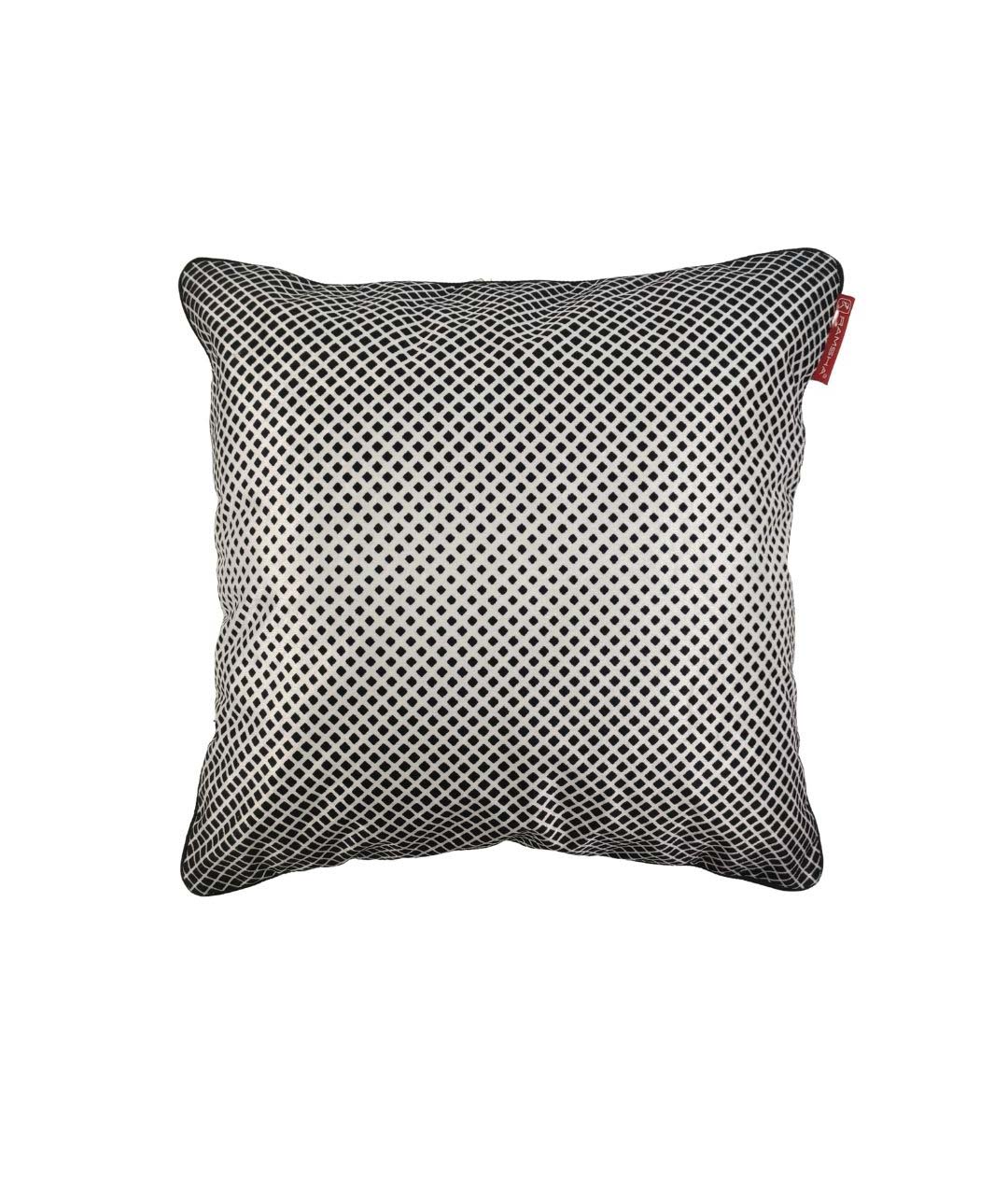 The RAMSHA HOME Cushion Cover Black & White Color CS-074 features a diamond pattern, durable fabric, and a small red tag on the right seam. Seen from above on a plain white background, it’s ideal for modern décor.