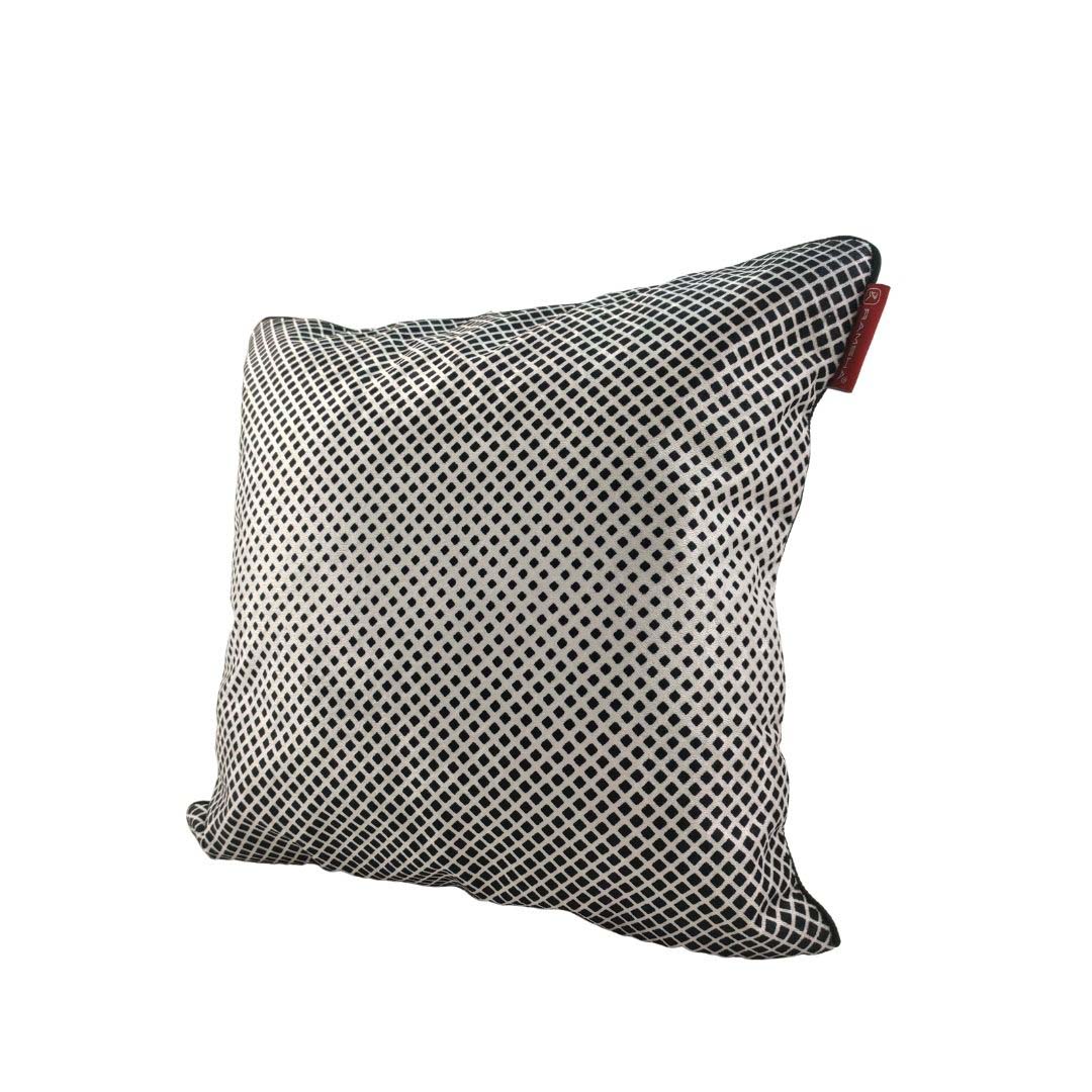 The Cushion Cover Black & White Color CS-074 by RAMSHA HOME features a black and white diamond check pattern, a red side tag, and durable fabric—perfect for modern décor. Shown against a white background.