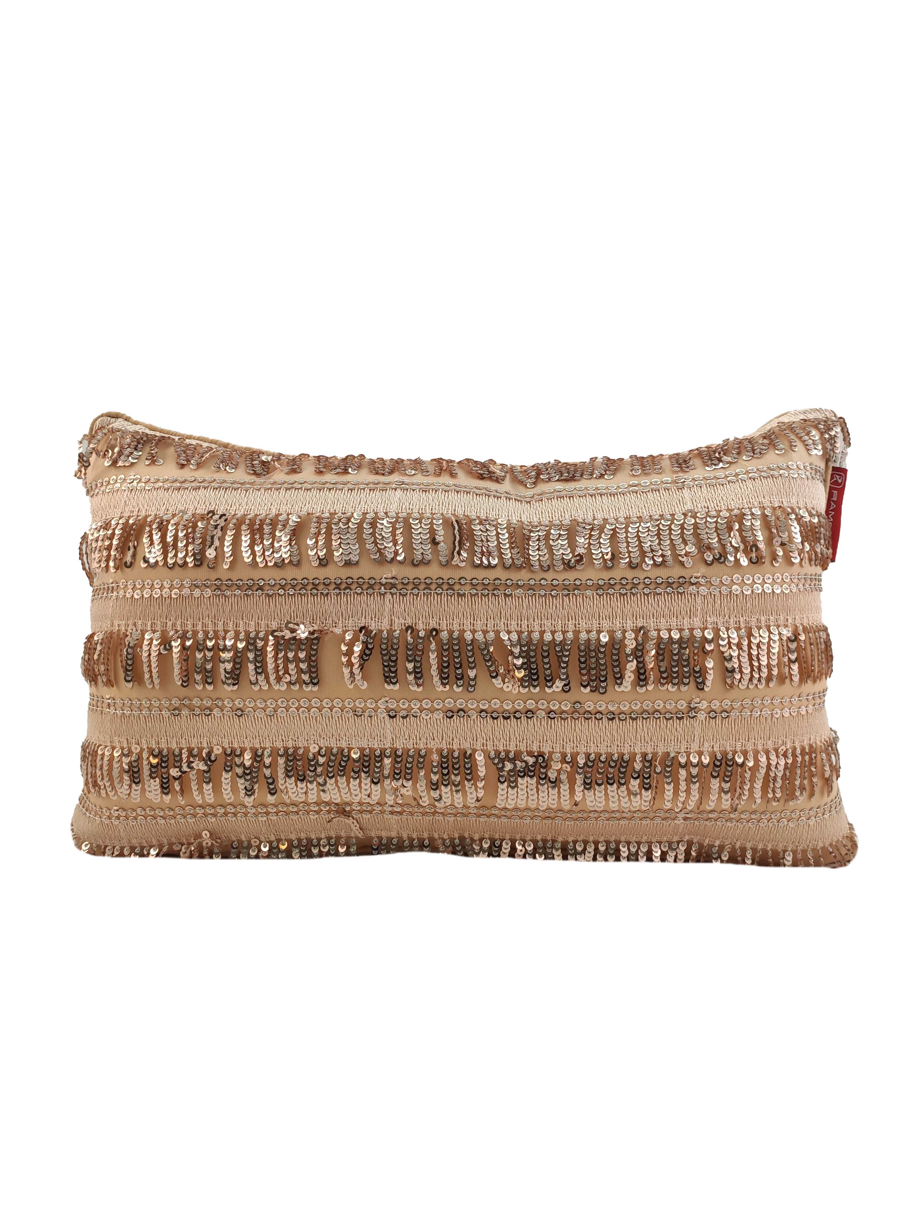 The RAMSHA HOME Polyester Sequence Cushion With Filler features a stylish beige and brown striped design with textured sequins and fringes. Durable and supportive, it includes a zippered closure for convenience.
