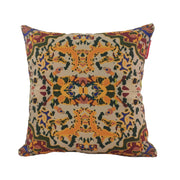 The RAMSHA HOME Multi Color Cushion With Filler CS-089 features abstract shapes and floral motifs in yellow, navy, green, and burgundy on beige. Made of polyester, it comes with filler for added comfort.