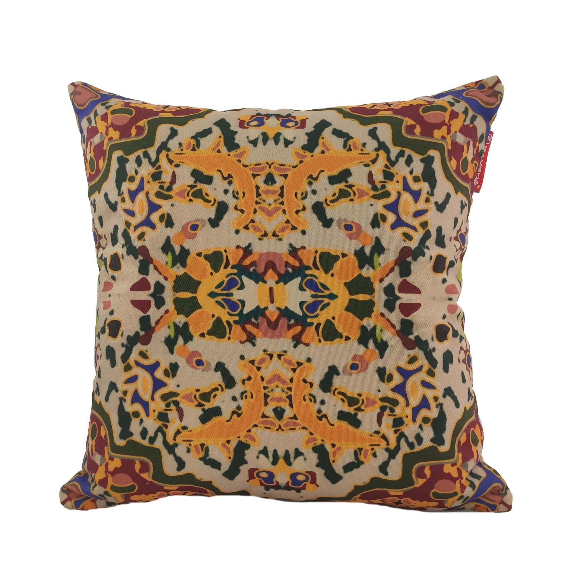 The RAMSHA HOME Multi Color Cushion With Filler CS-089 features abstract shapes and floral motifs in yellow, navy, green, and burgundy on beige. Made of polyester, it comes with filler for added comfort.