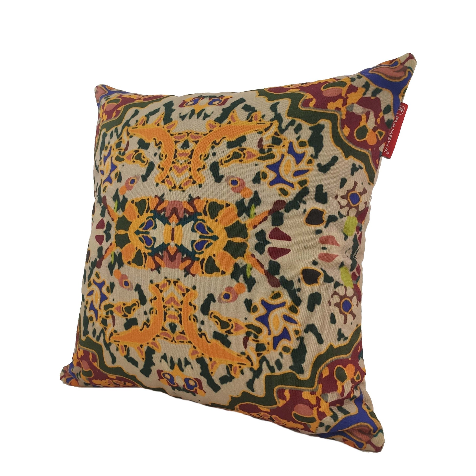 The RAMSHA HOME Multi Color Cushion With Filler CS-089 boasts an intricate multicolor pattern—orange, green, yellow, brown, and blue—on beige polyester, with a charming small red side tag.