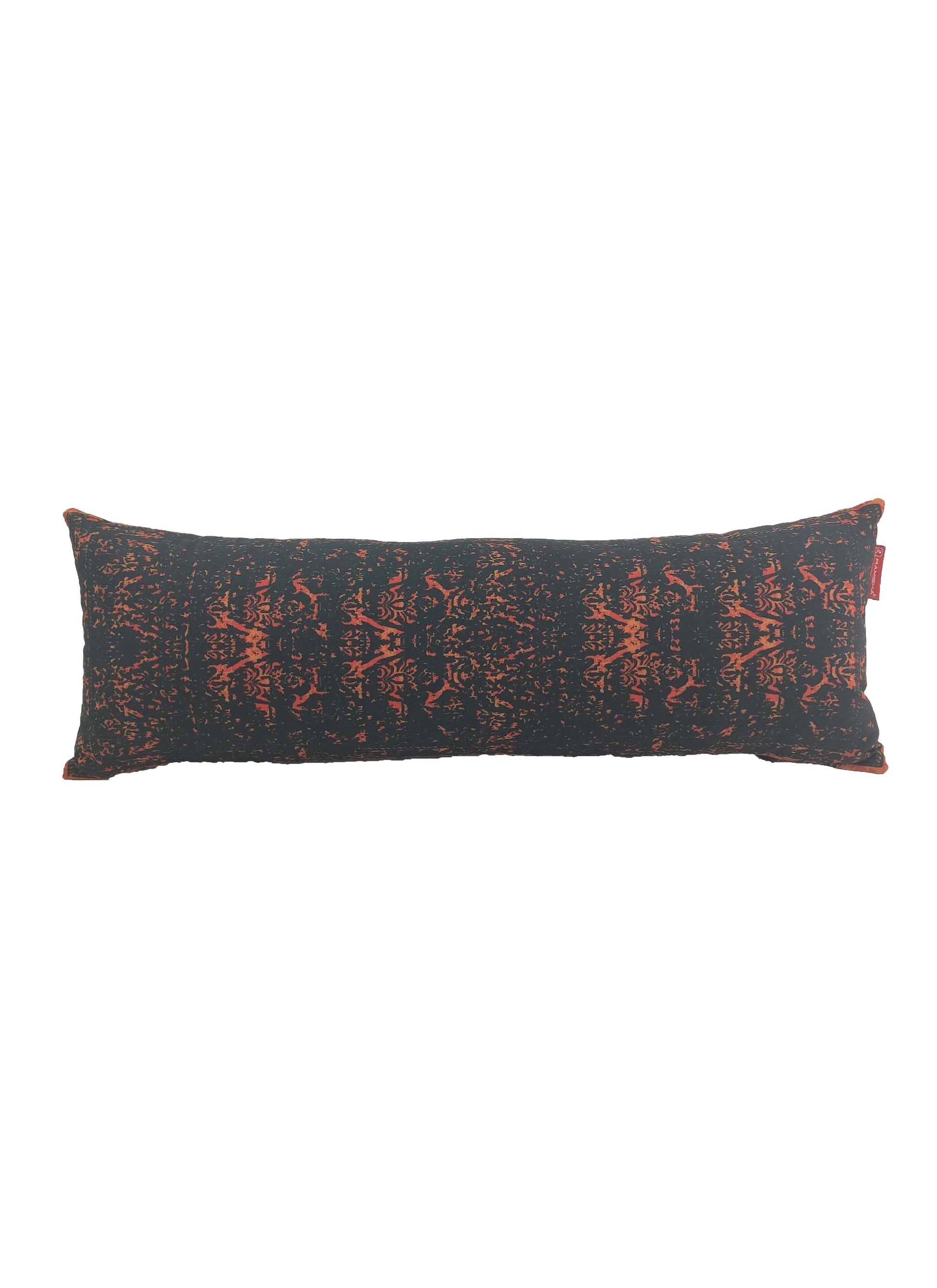 The RAMSHA HOME Digital Printed Cushion With Filler CS-090 features a long rectangular shape, a dark base, and an intricate orange-red abstract pattern, displayed against a white background.