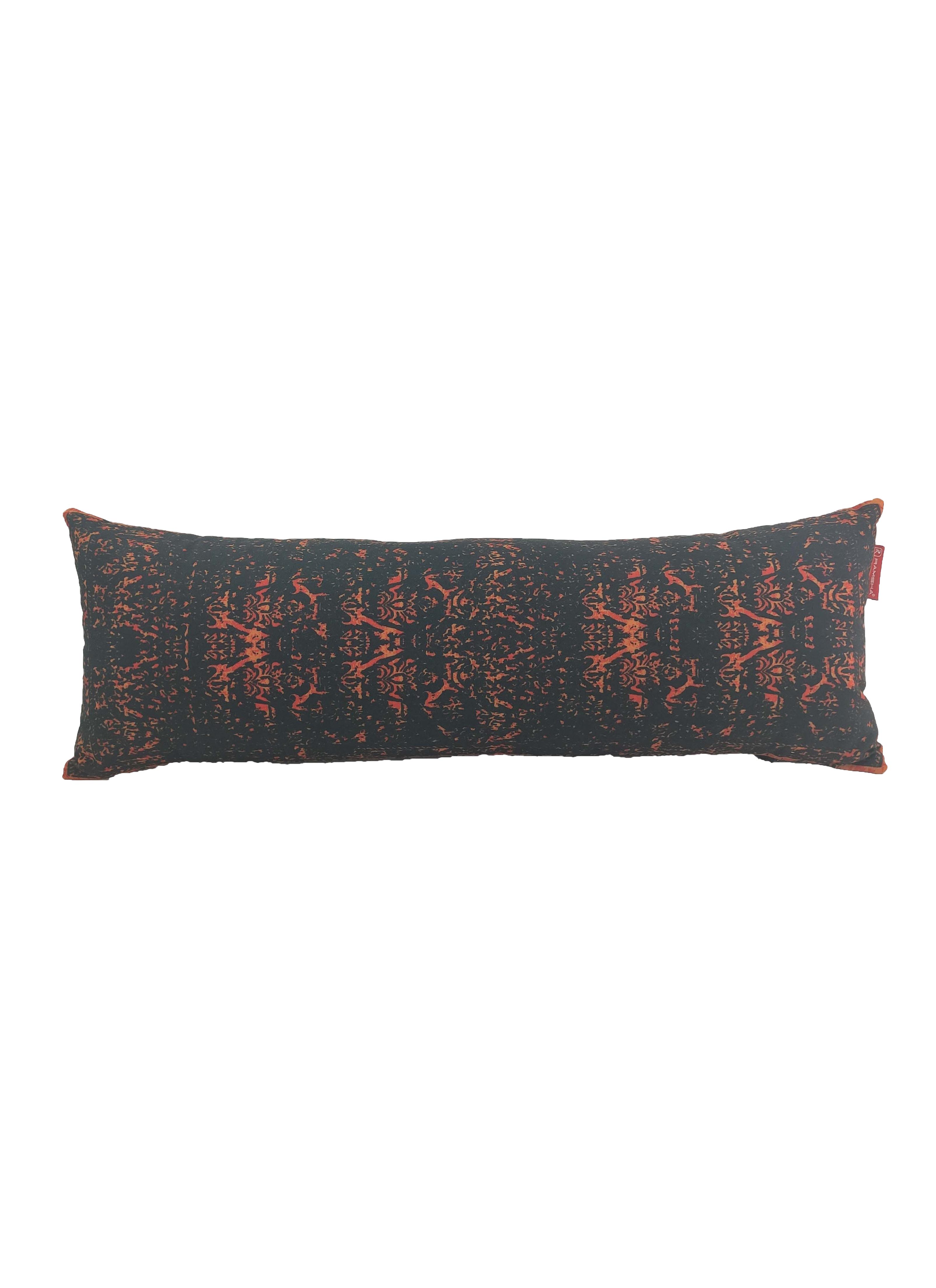 The RAMSHA HOME Digital Printed Cushion With Filler CS-090 features a long rectangular shape, a dark base, and an intricate orange-red abstract pattern, displayed against a white background.