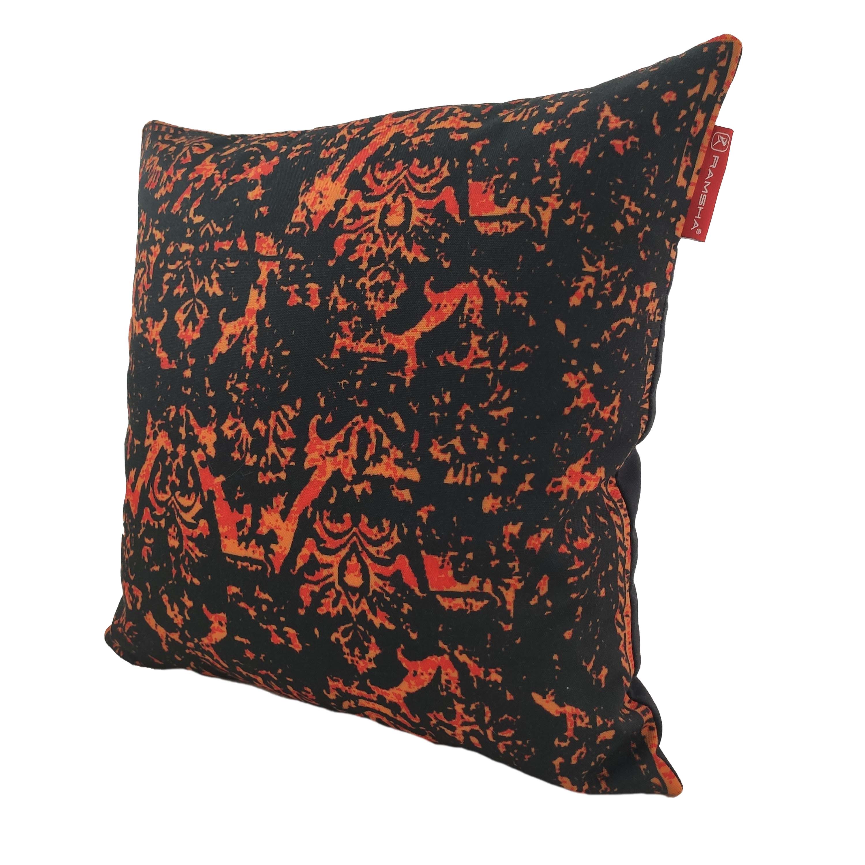 The RAMSHA HOME Digital Printed Cushion With Filler CS-090 features a square shape, multi-color abstract black and orange pattern, and a red side fabric tag.