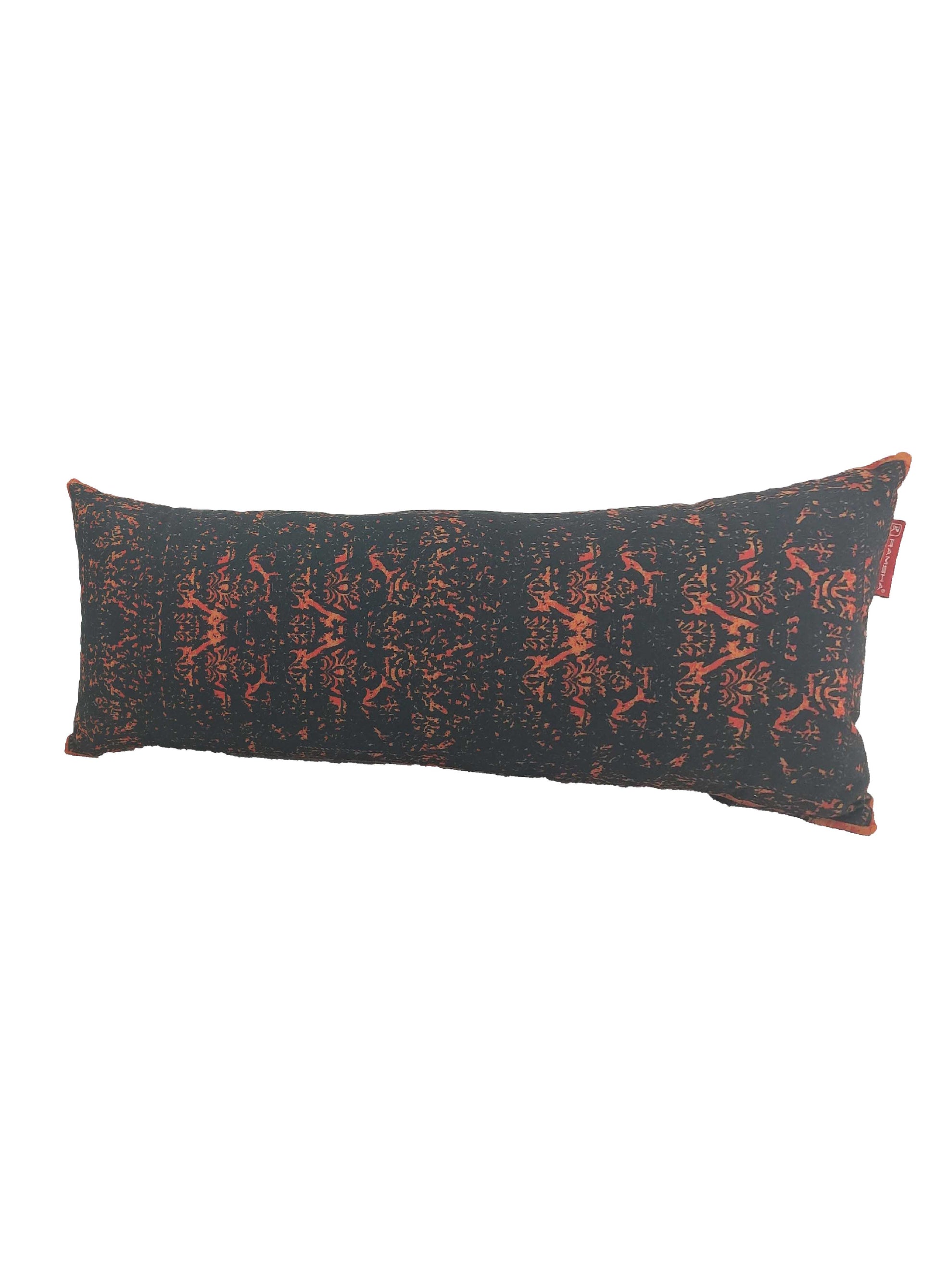 The RAMSHA HOME Digital Printed Cushion With Filler CS-090 features a long rectangular shape, black background with an orange abstract pattern and multicolor accents. Isolated on a white backdrop. Filler included for extra comfort.