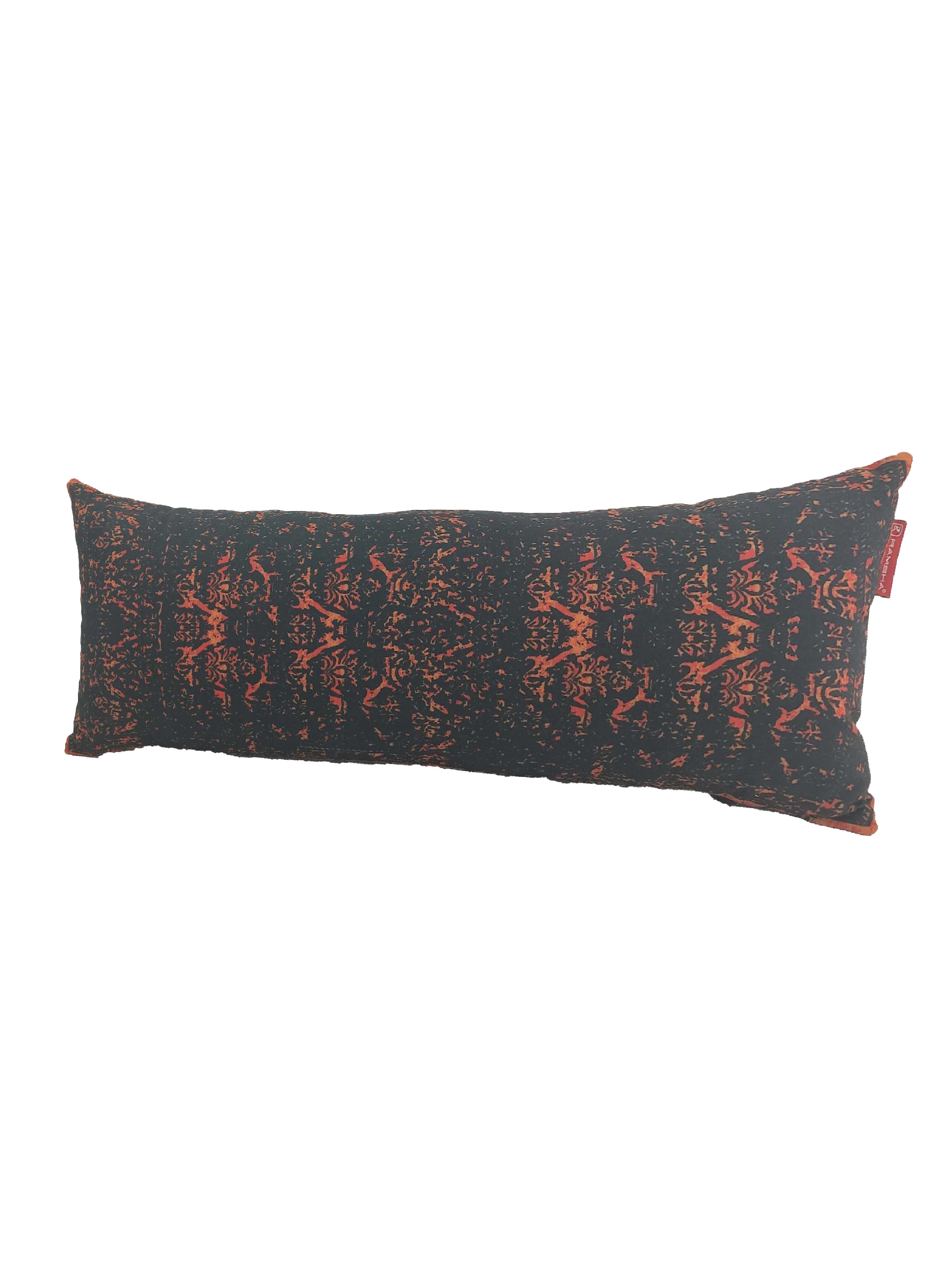 The RAMSHA HOME Digital Printed Cushion With Filler CS-090 features a long rectangular shape, black background with an orange abstract pattern and multicolor accents. Isolated on a white backdrop. Filler included for extra comfort.