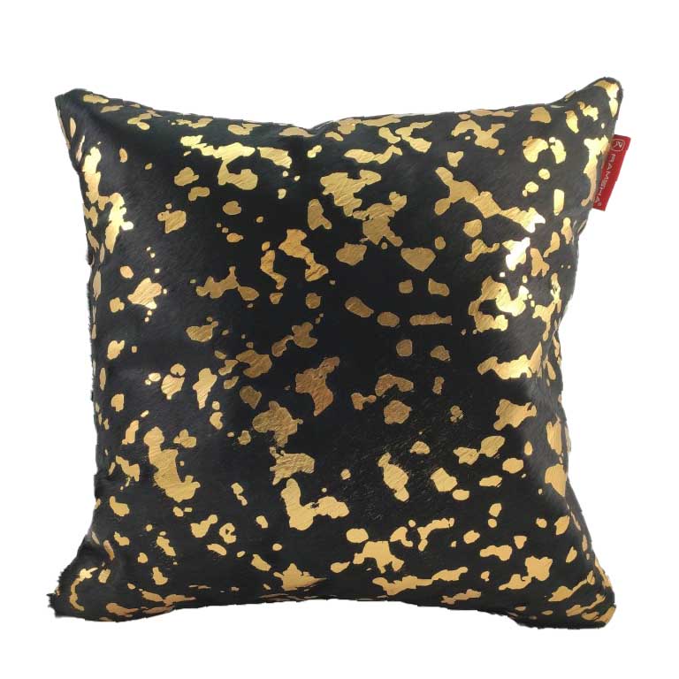 The RAMSHA HOME Decor Leather Cushion With Filler CS-092 is a luxury square pillow with a black base, abstract gold foil splatter design, and a small red side tag.