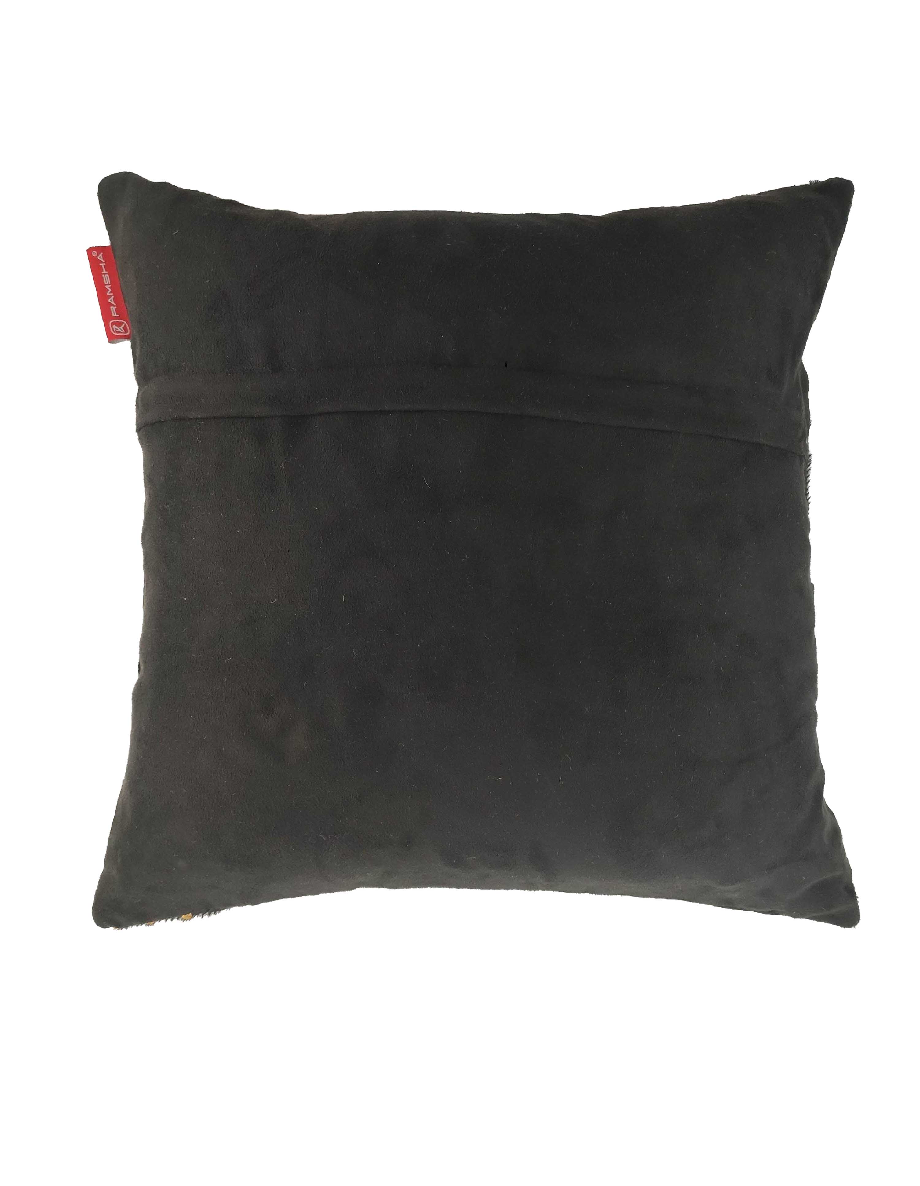 The RAMSHA HOME Decor Leather Cushion With Filler CS-092 is a plain black cushion featuring a visible center seam and a small red fabric tag on the top left, shown against a white background.
