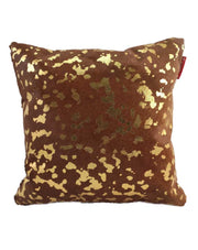 The RAMSHA HOME Decor Leather Cushion With Filler CS-092 is a square brown pillow featuring a gold metallic splatter pattern, adding a modern touch to any space. Shown against a white background.