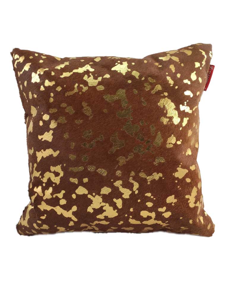 The RAMSHA HOME Decor Leather Cushion With Filler CS-092 is a square brown pillow featuring a gold metallic splatter pattern, adding a modern touch to any space. Shown against a white background.