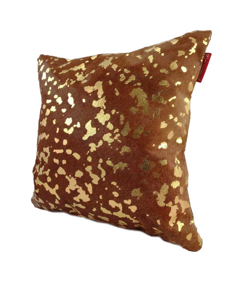 The RAMSHA HOME Decor Leather Cushion With Filler CS-092 is a square pillow with a brown base, metallic gold speckled animal print, soft texture, and a stylish small red side tag for accent.
