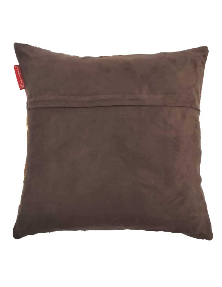 The RAMSHA HOME Decor Leather Cushion With Filler CS-092 is a square brown cushion with a horizontal back seam and a red fabric tag on the left edge, shown against a white background.
