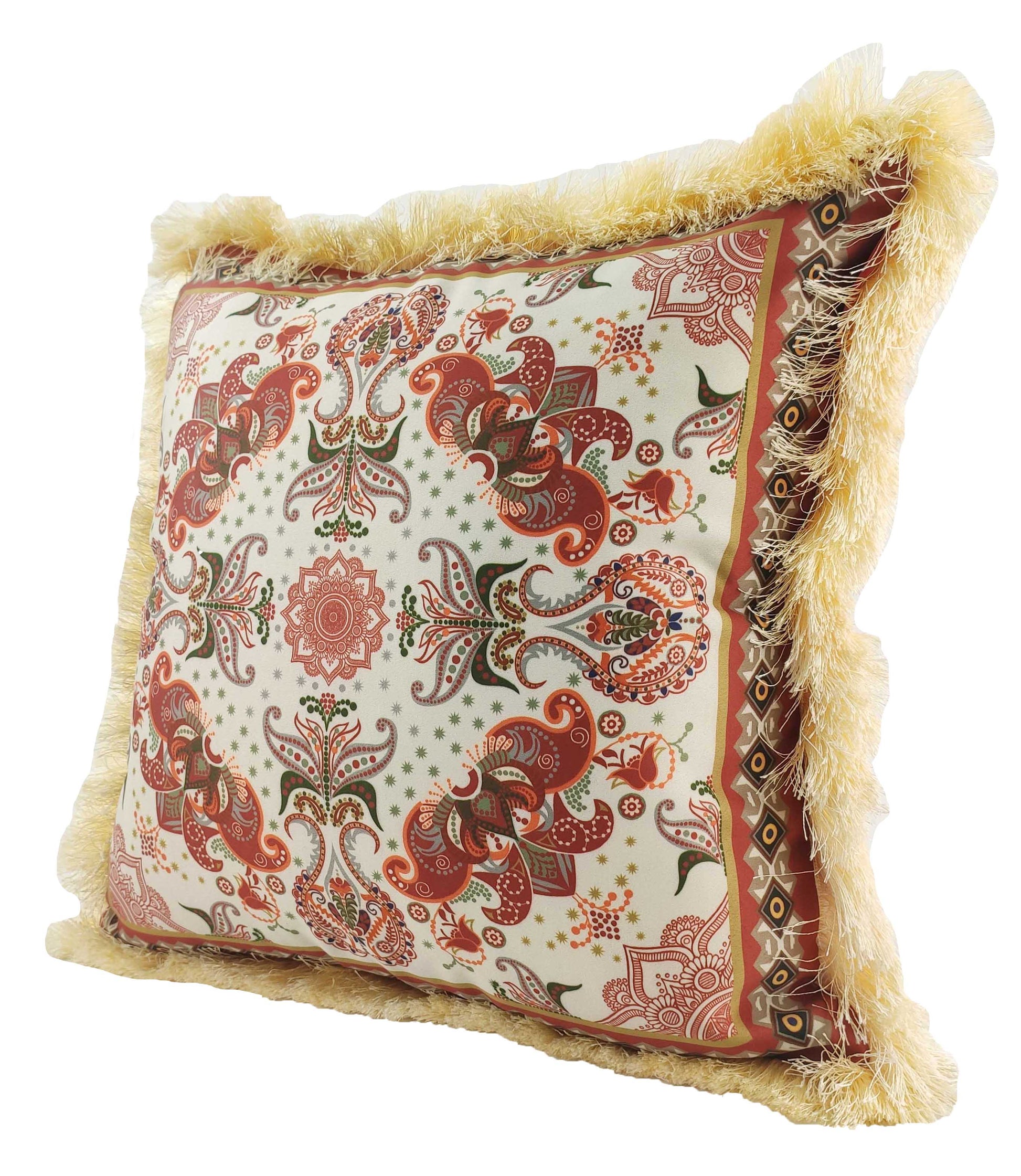 The RAMSHA HOME Multi Decor Printed Cushion With Filler CS-061 features a red and green floral pattern on cream with gold fringe trim, offering added comfort and style. Includes cushion and filler.