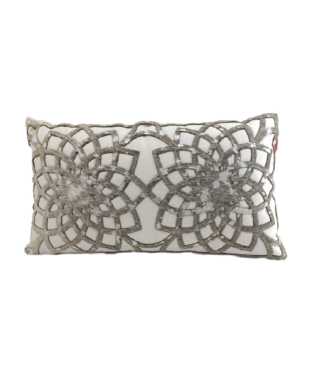 The CS-102 Leather Cushion by RAMSHA HOME is a rectangular white premium cushion with an ornate, symmetrical silver embroidered pattern and metallic accents for a decorative, elegant look.