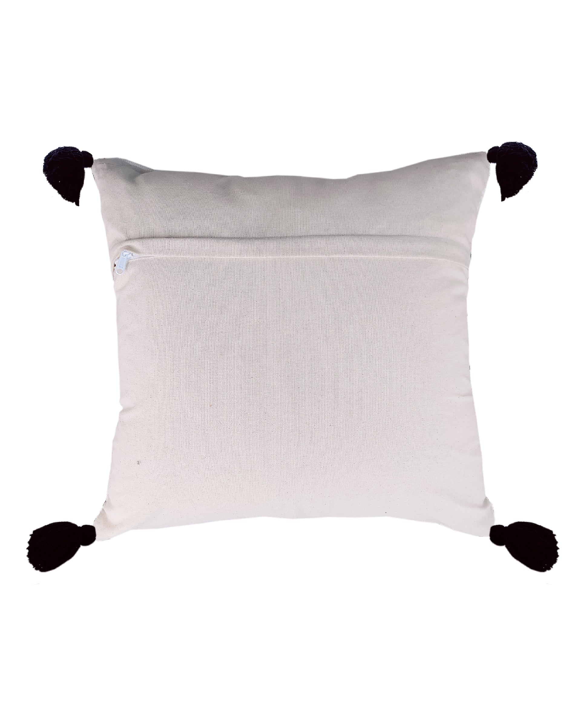The RAMSHA HOME Woven Cotton Cushion With Tassel cs-151 is a square white cushion with black tassels at each corner, a zipper pocket on the back, and is shown on a white background. Cushion insert not included.