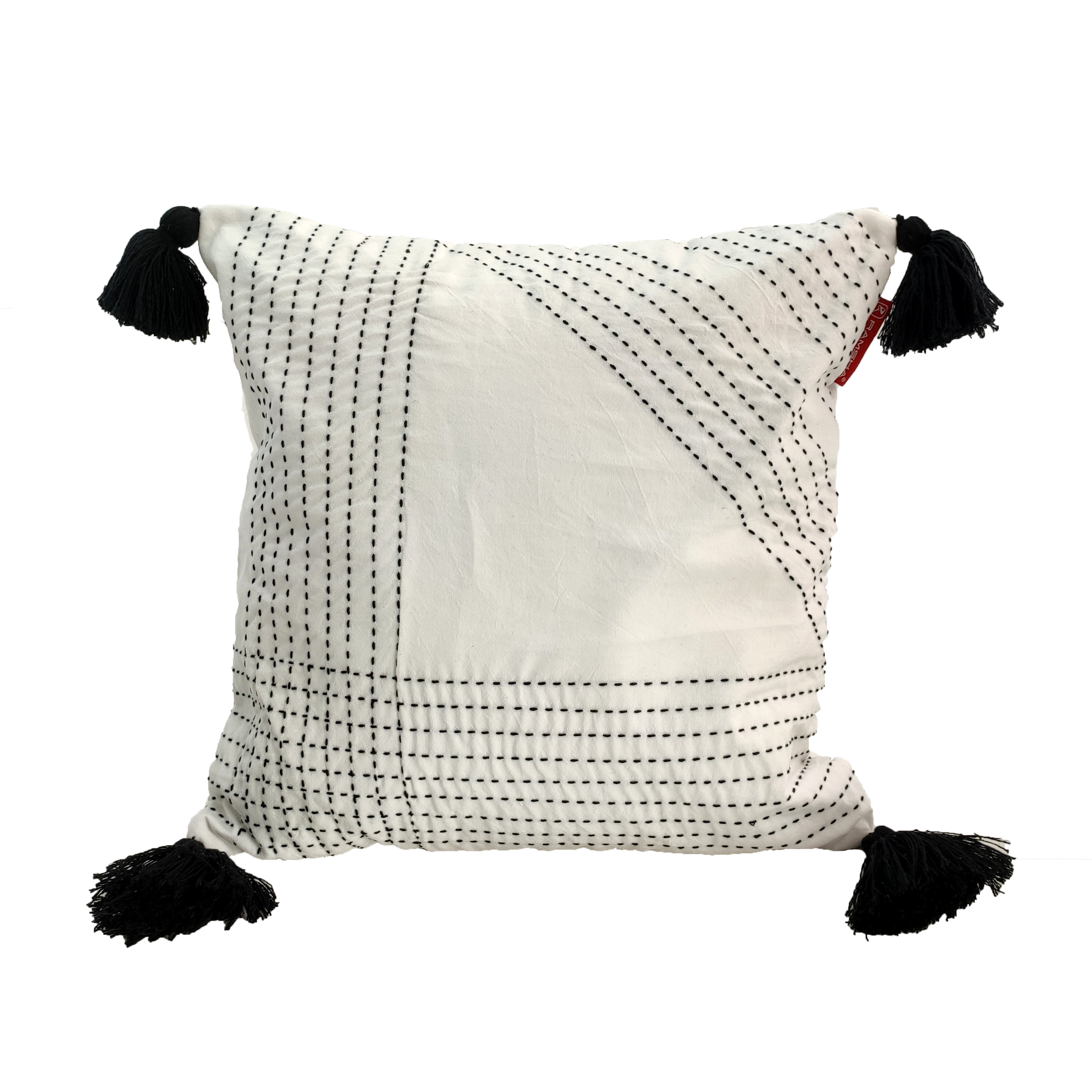 The RAMSHA HOME Embroidery White And Black Cotton Cushion With Tassel CS-190 features a geometric embroidered pattern, black corner tassels, and a modern white design—an ideal accent for contemporary décor.