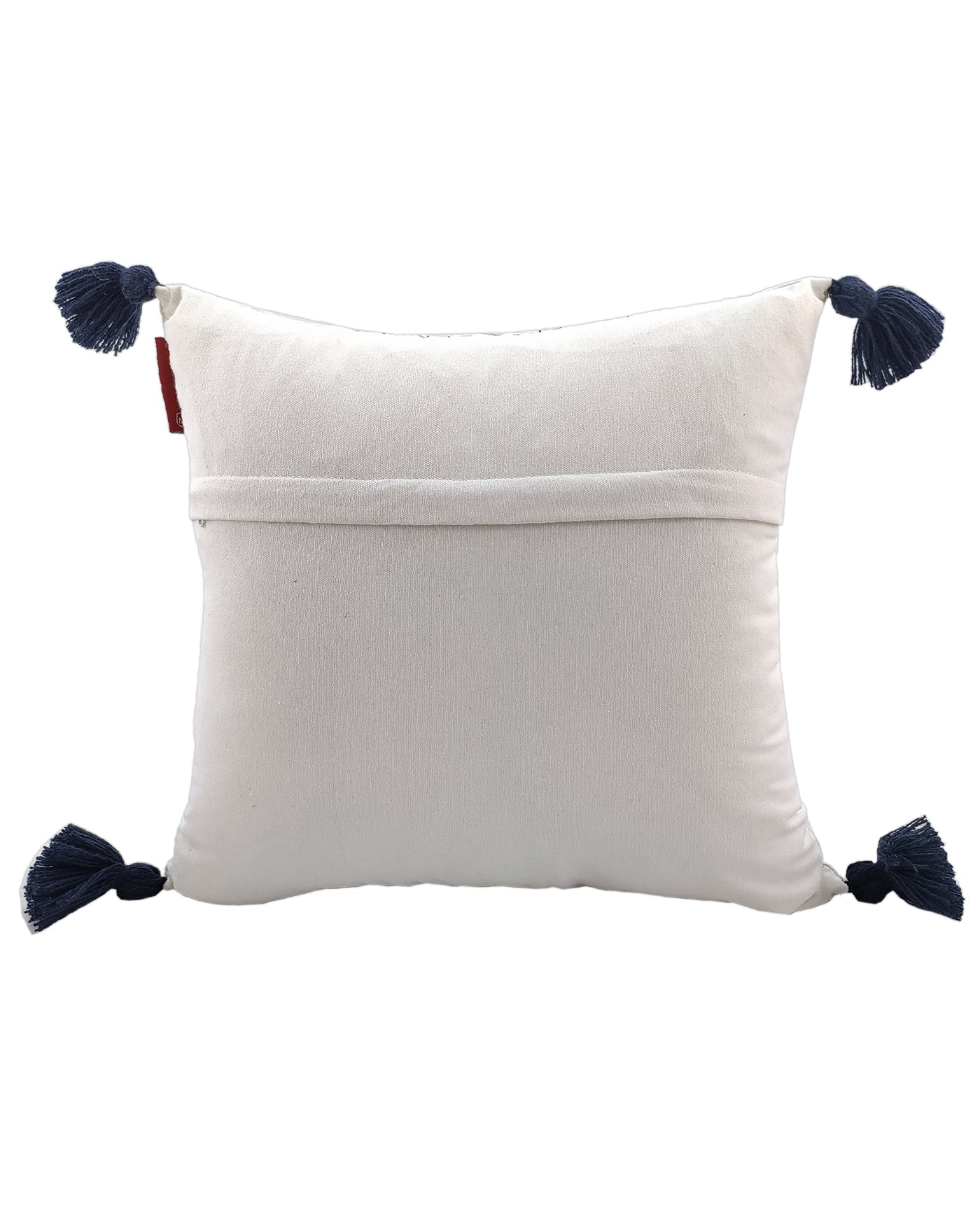 The RAMSHA HOME Embroidery White And Black Cotton Cushion With Tassel CS-193 features a horizontal back flap and tassels at each corner, adding stylish embroidered detail to any space.