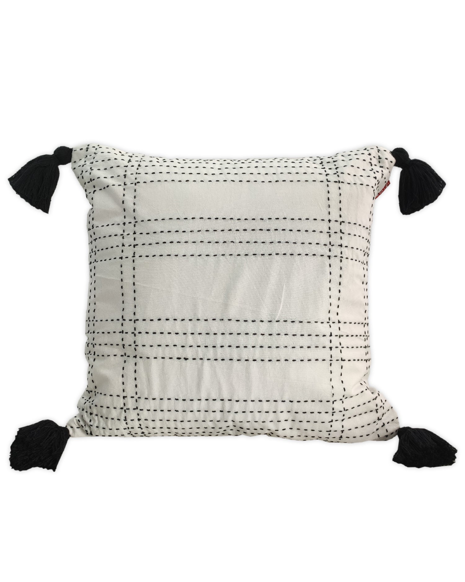 The RAMSHA HOME Embroidery White And Black Cotton Cushion With Tassel CS-193 features a stitched grid pattern and corner tassels—an elegant accent for modern interiors, shown on a plain white background.