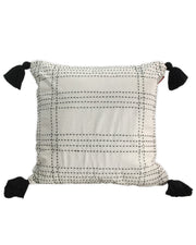 The RAMSHA HOME Embroidery White And Black Cotton Cushion With Tassel CS-193 features a stitched grid pattern and corner tassels—an elegant accent for modern interiors, shown on a plain white background.
