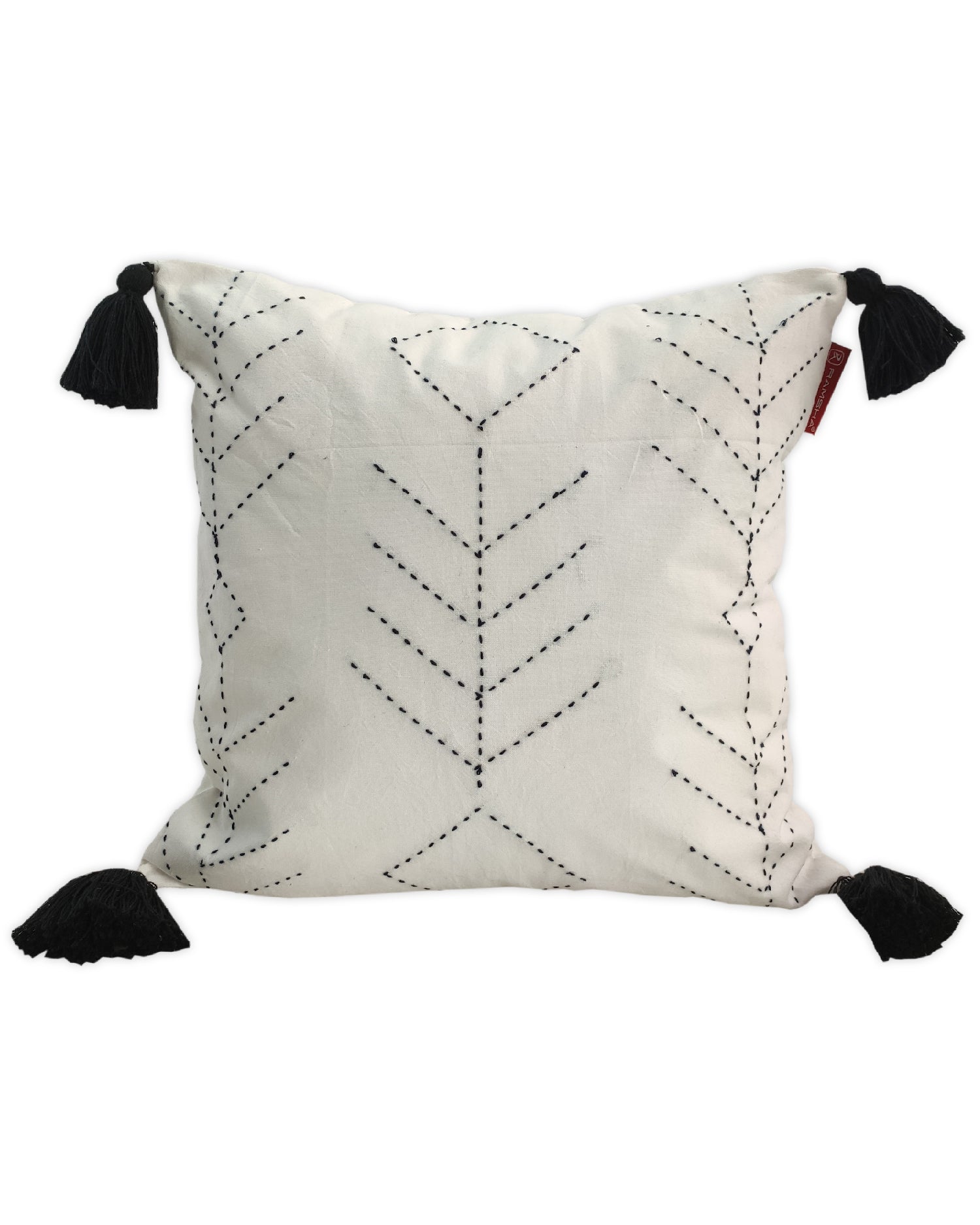 The RAMSHA HOME Embroidery White And Black Cotton Cushion With Tassel CS-191 features a simple stitched chevron design and corner tassels, adding modern style to any space. Displayed on a plain white background.