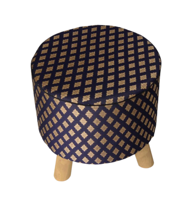 The RAMSHA HOME Polyester Stool Pouf is a contemporary round ottoman with dark blue fabric, a gold geometric diamond pattern, and sturdy three-legged light wood base.