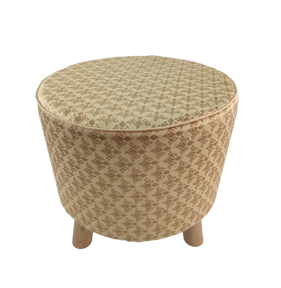 The RAMSHA HOME Polyester Stool Pouf With Wood Base features a round beige design, short wooden legs, and a dark brown patterned fabric cover—adding stylish seating to any space. Shown on a white background.