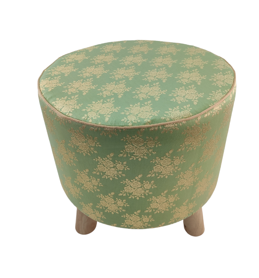 The RAMSHA HOME Polyester Stool Pouf With Wood Base features green upholstery with a gold floral pattern, a padded seat, and an elegant look—perfect for adding style and comfort to your space.
