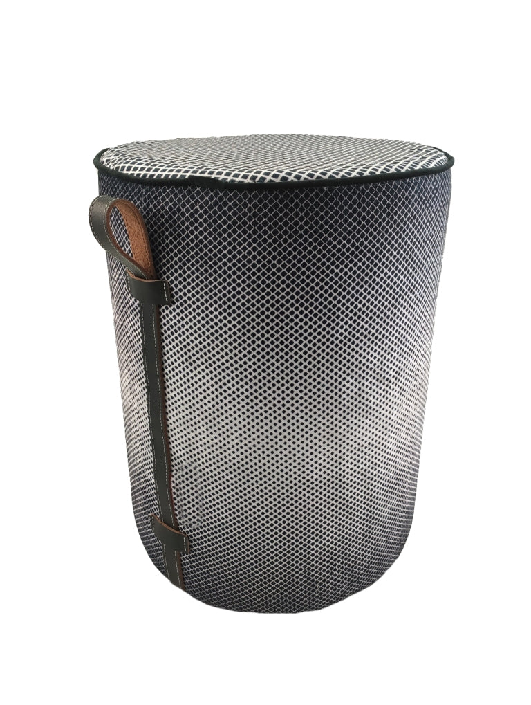 The RAMSHA HOME Printed Pedestal Pouf With Leather Handle PF-026 features a chic black and white print, a round lid, and a stylish brown leather handle—perfect as a functional and decorative accent for your space.