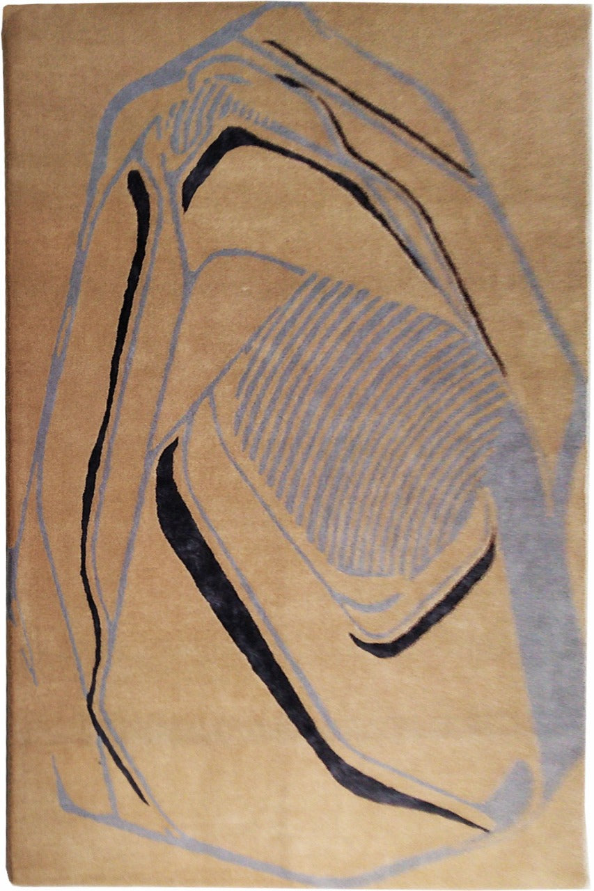 The Modern Abstract Beige & Blue Line Art Rug – HTWV-25 (202x292 CM) from RAMSHA HOME features overlapping organic shapes and curved, striped patterns for a unique, modern look.