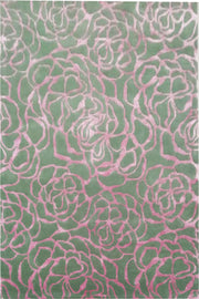 The RAMSHA HOME Floral Rose Pattern Green & Pink Rug – HTWV-26 (202x292 CM) features abstract pink rose shapes with curving lines on a green background, creating a unique and artistic hand-tufted area rug.