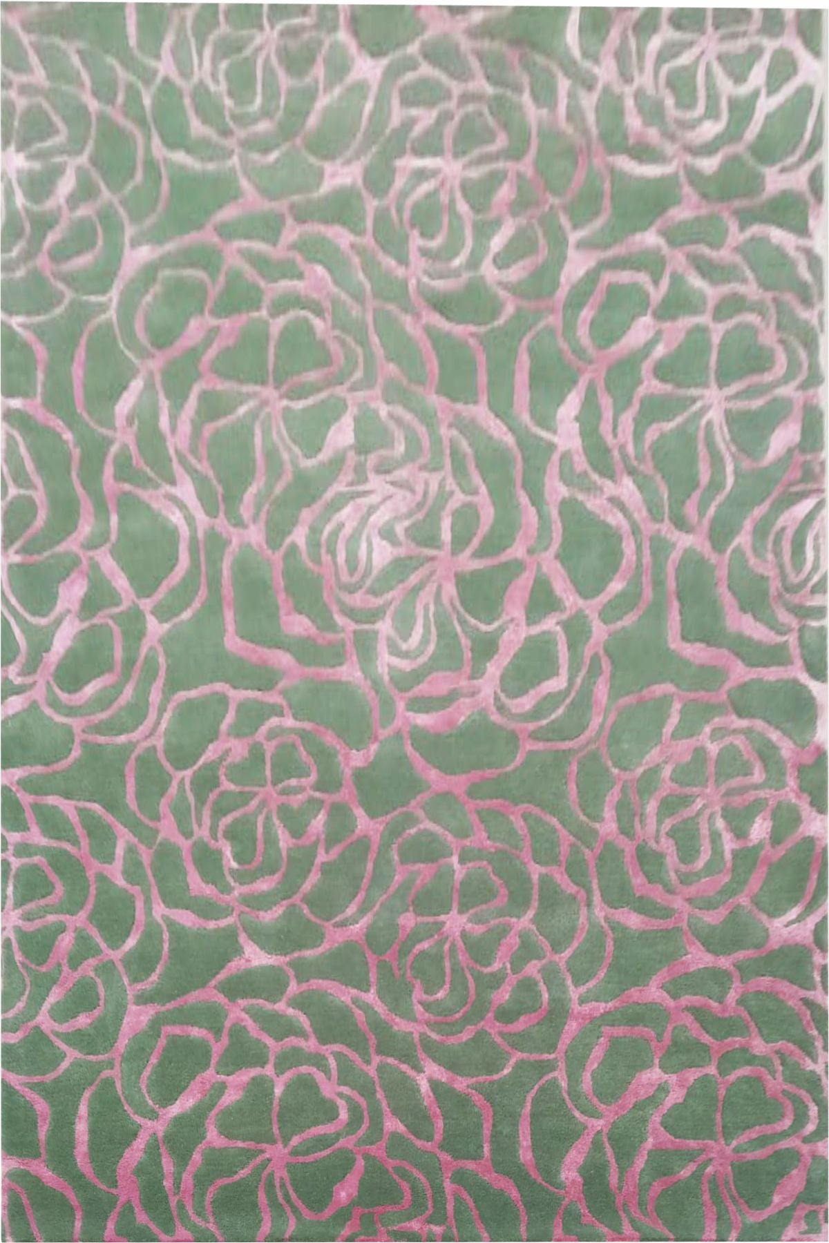 The RAMSHA HOME Floral Rose Pattern Green & Pink Rug – HTWV-26 (202x292 CM) features abstract pink rose shapes with curving lines on a green background, creating a unique and artistic hand-tufted area rug.