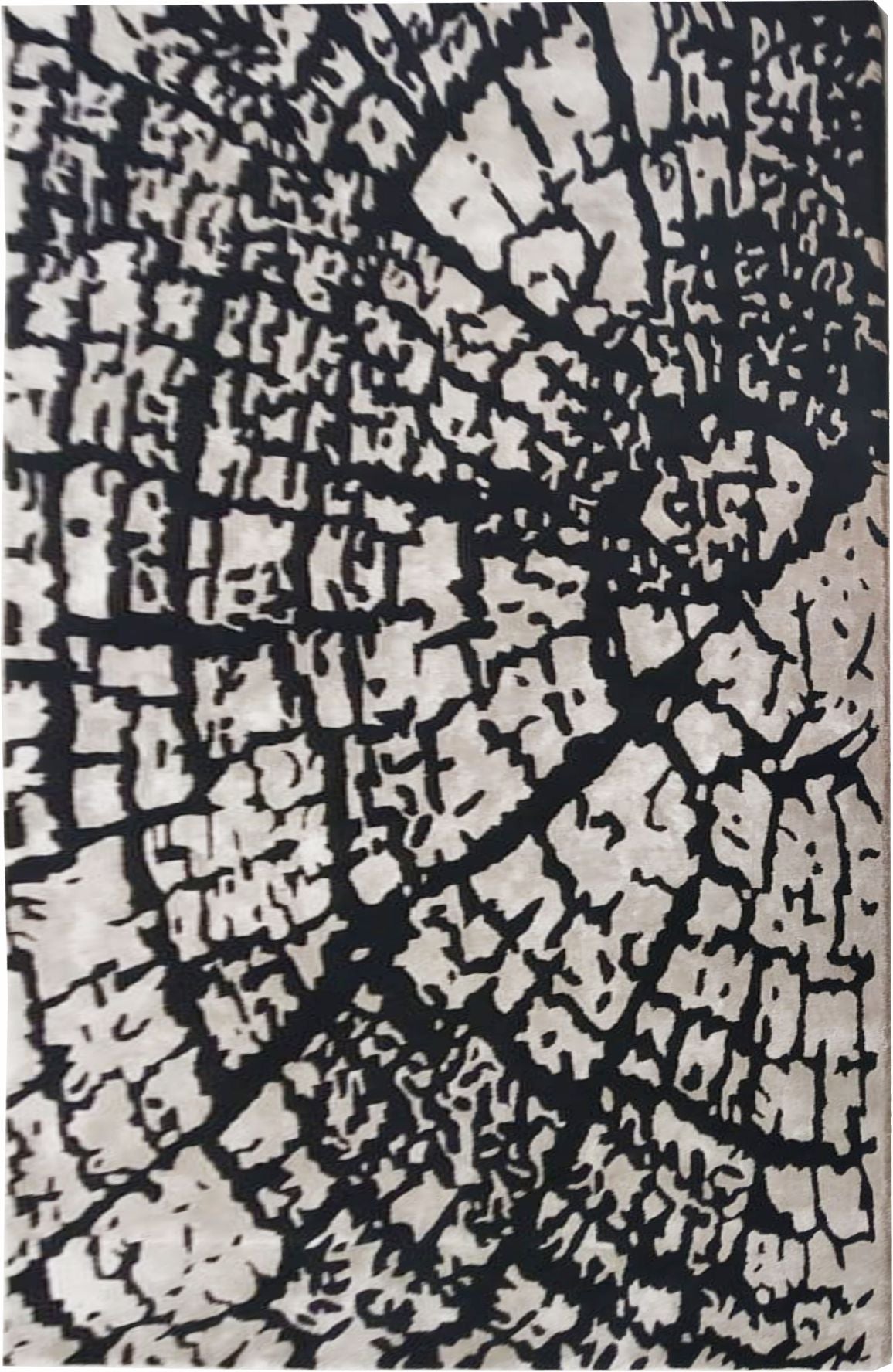 Close-up of a tree stump’s black cracks and age rings, mirroring the unique abstract texture of RAMSHA HOME's Abstract Crackle Black & Ivory Rug – HTWV-33, inspired by wood’s natural beauty.