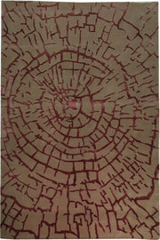 The RAMSHA HOME Abstract Tree Ring Crackle Beige & Burgundy Rug – HTWV-34 (153x245 CM) is a rectangular hand-tufted rug featuring concentric circles and irregular lines in beige and burgundy, evoking tree rings and cracks.