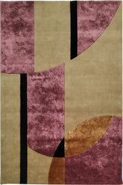 The RAMSHA HOME Multi Color Handmade Rug – HTWV-20 (180x270 CM) features abstract geometric shapes in mauve, gold, beige, and black, with varied textures and lines for a bold statement in any space.