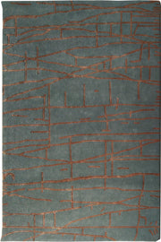 The RAMSHA HOME Abstract Rust Line Grid Teal Rug (HTWV-31, 180x270 CM) features a textured surface with a muted green base and abstract reddish-brown intersecting lines and shapes, creating a geometric pattern reminiscent of hand-tufted rugs.