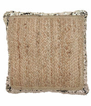 The RAMSHA HOME Jute Cushion With Filler Multi Color CS-015 features a woven tan center, shiny sequin border, and rustic yet glamorous style, making it a comfortable and stylish addition to any space.