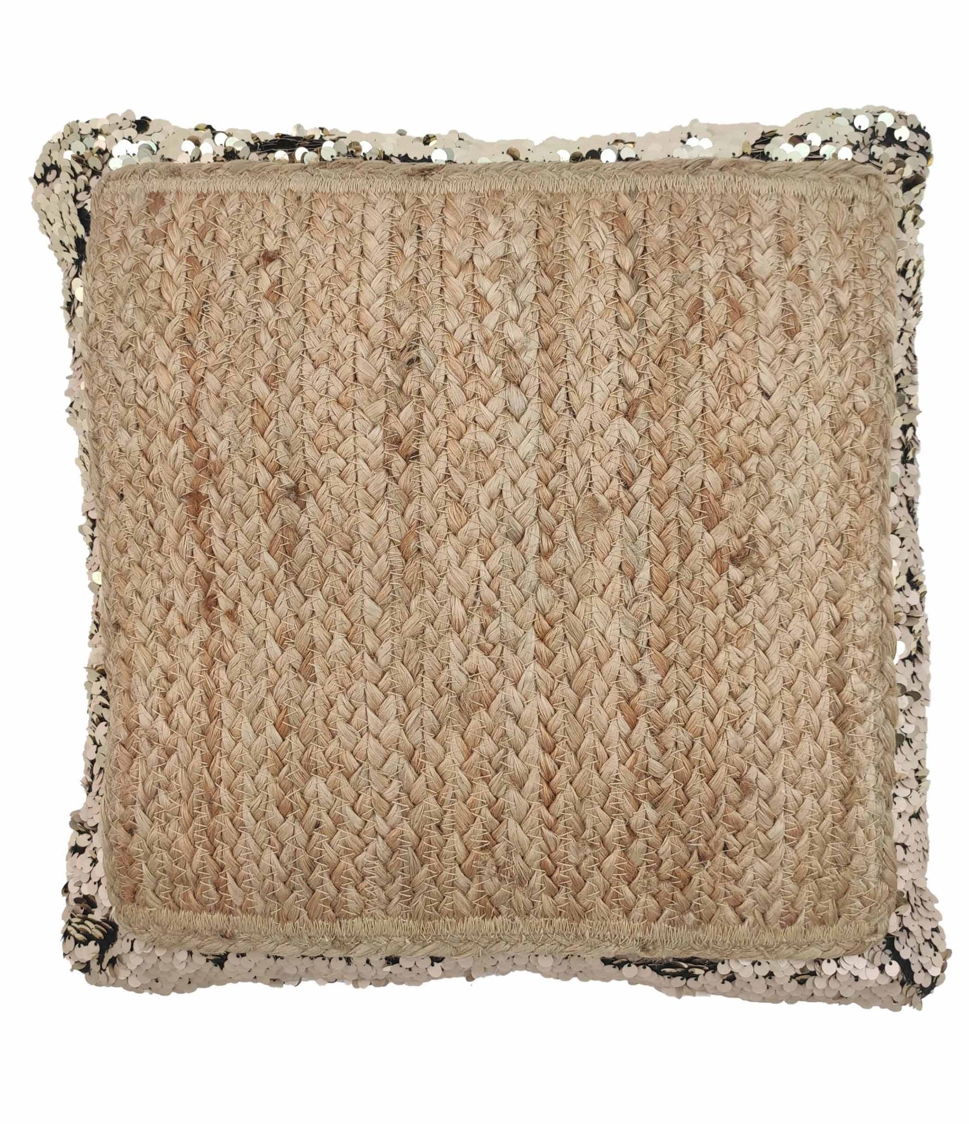 The RAMSHA HOME Jute Cushion With Filler Multi Color CS-015 features a woven tan center, shiny sequin border, and rustic yet glamorous style, making it a comfortable and stylish addition to any space.