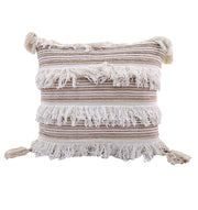 The RAMSHA HOME Woven Cotton Cushion With Tassel cs-152 features beige and white horizontal stripes, white fringe rows, corner tassels, and includes a soft insert for comfort.