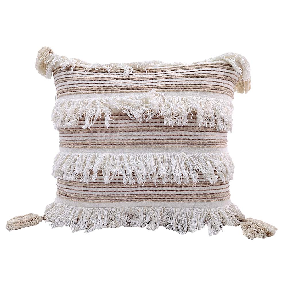 The RAMSHA HOME Woven Cotton Cushion With Tassel cs-152 features beige and white horizontal stripes, white fringe rows, corner tassels, and includes a soft insert for comfort.