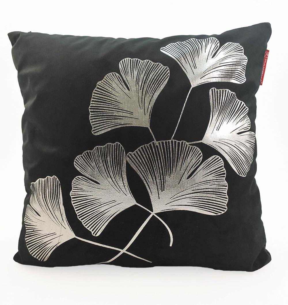 The RAMSHA HOME Polyester Cushion Cover CS-093 is a black square pillow with a silver metallic ginkgo leaf design, made from lightweight polyester for stylish comfort.
