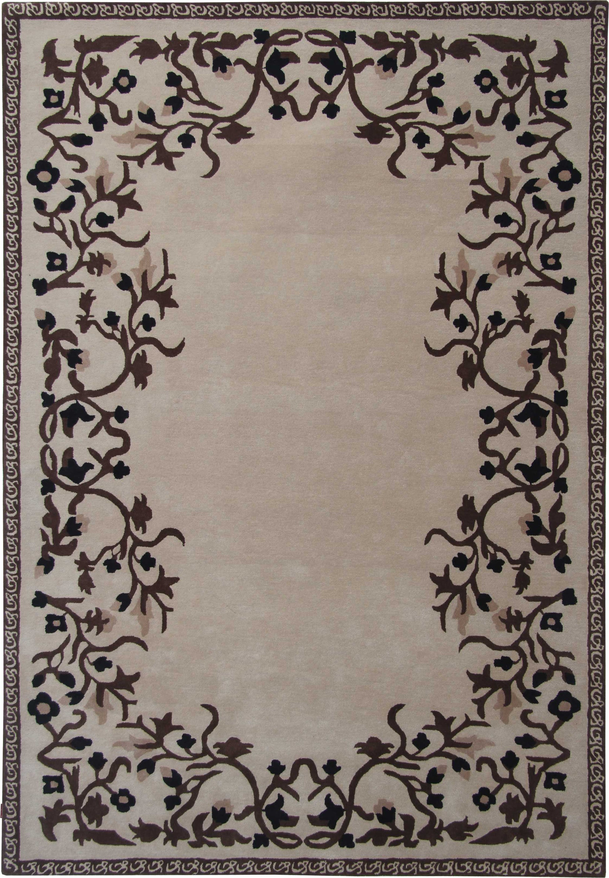 The RAMSHA HOME Traditional Home Decor Handmade Carpet – HTW-34 is a rectangular beige wool rug featuring a hand-tufted, plain center, black and brown floral vine border, and thin patterned trim along the edges.