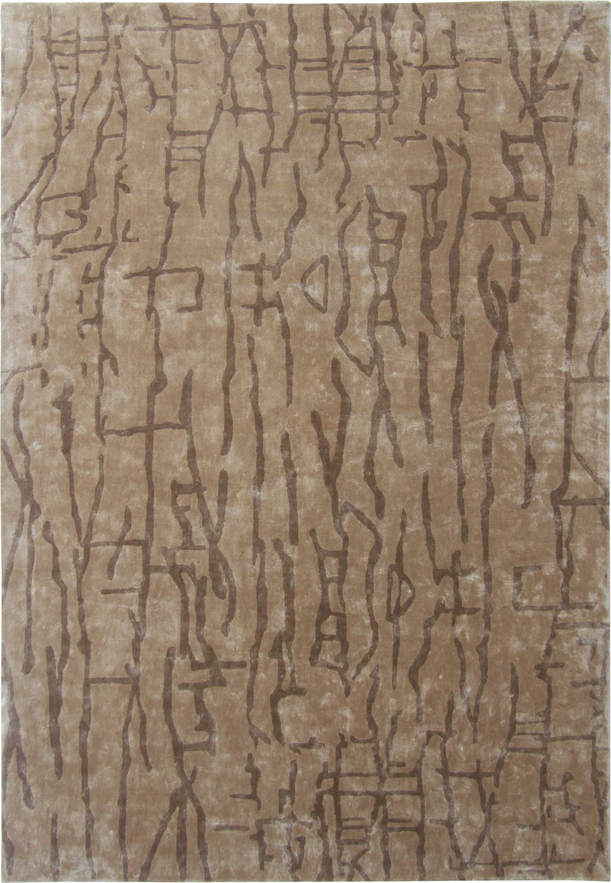 The RAMSHA HOME Brown Color Handmade Rug - HTV 10 (250X350 cm) features a hand-tufted rectangular design with abstract intersecting brown lines and shapes on a beige background, evoking organic or bark-like textures.