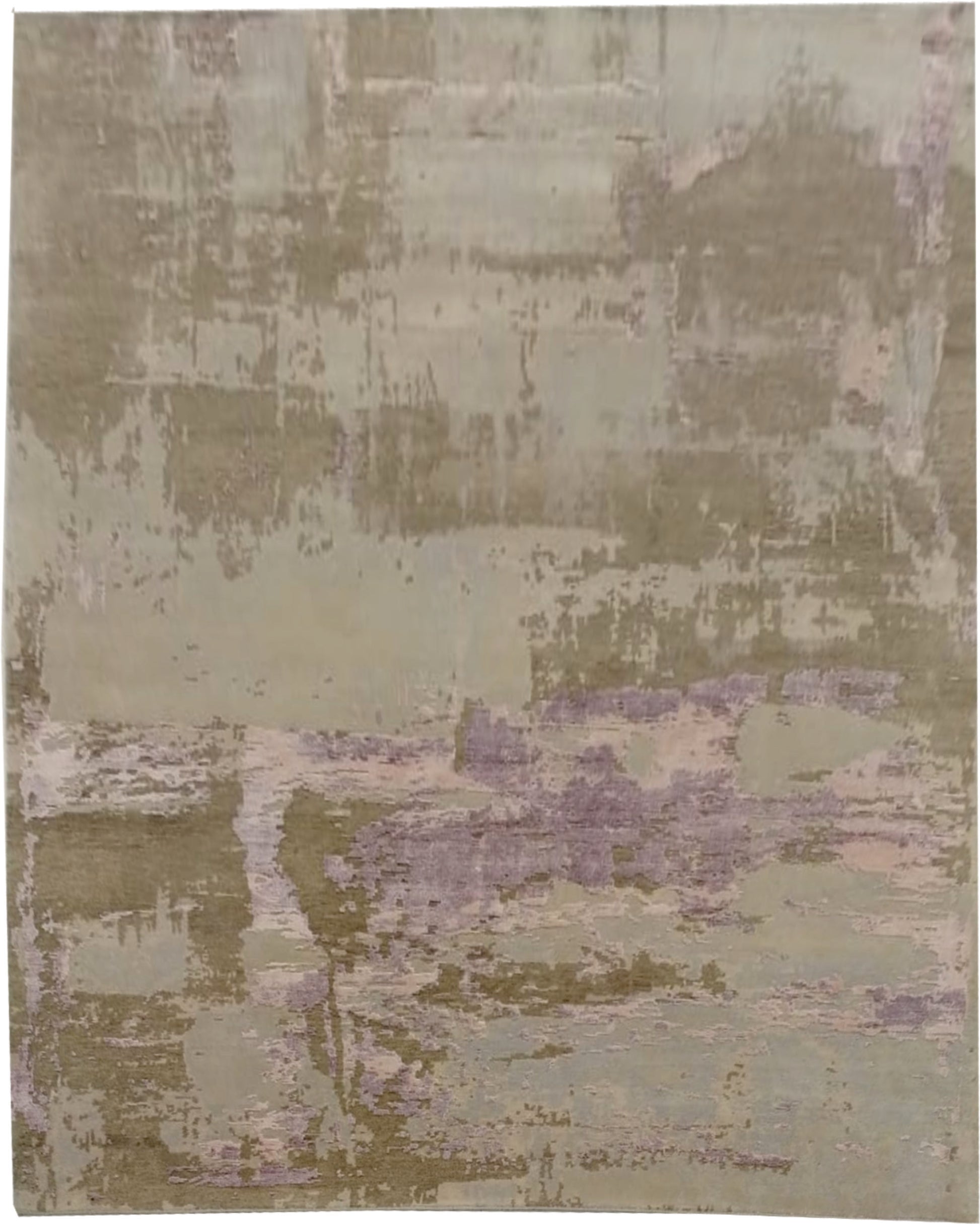 The RAMSHA HOME Hand Knotted Living Room Rug - HKWV-03 (240x300 CM) features an abstract, weathered design in beige, tan, lavender, and pale green, evoking watercolor brushstrokes or a tranquil landscape.